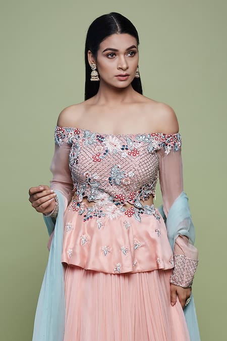 Buy Vyasa By Urvi Peach Net, Chiffon Embroidery, Fringe Square Pleated Lehenga And Peplum Top Set Online at Aza Fashions Buy_Vyasa By Urvi_Peach Net, Chiffon Embroidery, Fringe Square Pleated Lehenga And Peplum Top Set _Online_at_Aza_Fashions