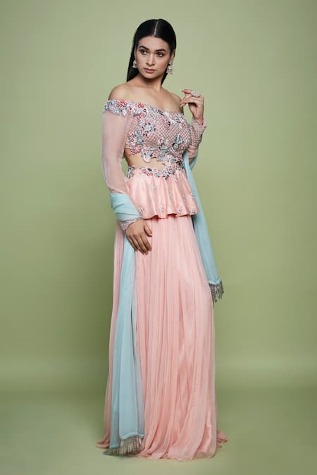 Shop Vyasa By Urvi Peach Net, Chiffon Embroidery, Fringe Square Pleated Lehenga And Peplum Top Set Online at Aza Fashions Shop_Vyasa By Urvi_Peach Net, Chiffon Embroidery, Fringe Square Pleated Lehenga And Peplum Top Set _Online_at_Aza_Fashions
