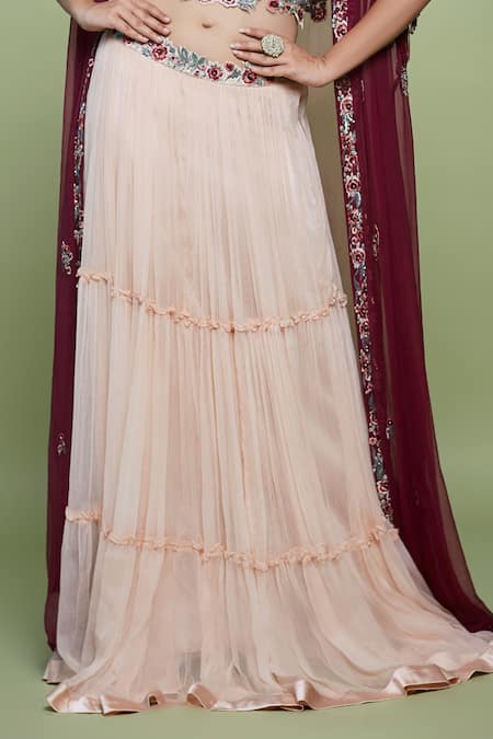 Vyasa By Urvi_Peach Silk Embroidery Floral Square Neck Cape And Corset Lehenga Set _Online_at_Aza_Fashions