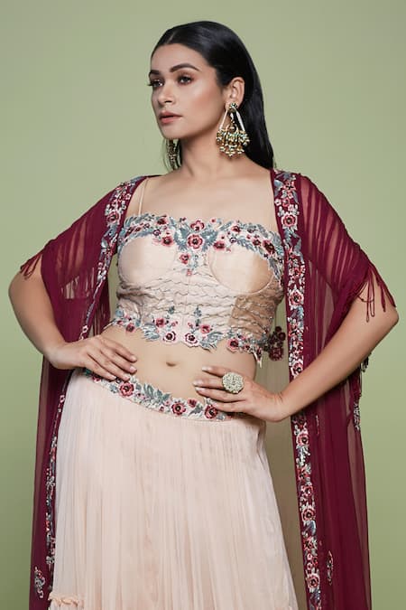 Buy_Vyasa By Urvi_Peach Silk Embroidery Floral Square Neck Cape And Corset Lehenga Set _Online_at_Aza_Fashions