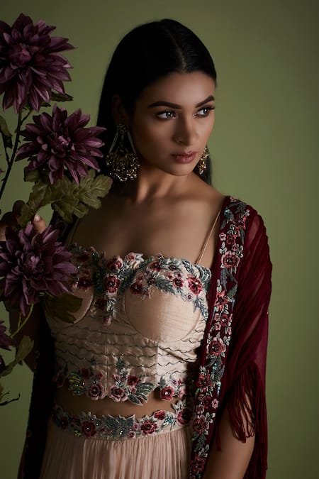 Shop_Vyasa By Urvi_Peach Silk Embroidery Floral Square Neck Cape And Corset Lehenga Set _Online_at_Aza_Fashions