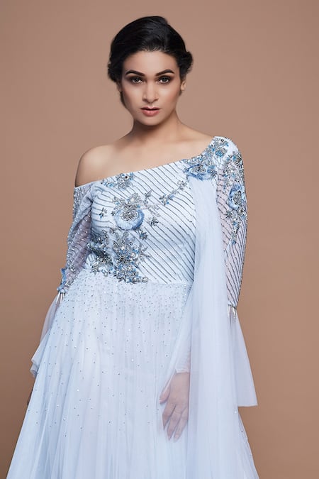 Vyasa By Urvi_Blue Net, Crepe Embroidery, Sequins, Crystals Asymmetric Floral Bodice Gown _Online_at_Aza_Fashions