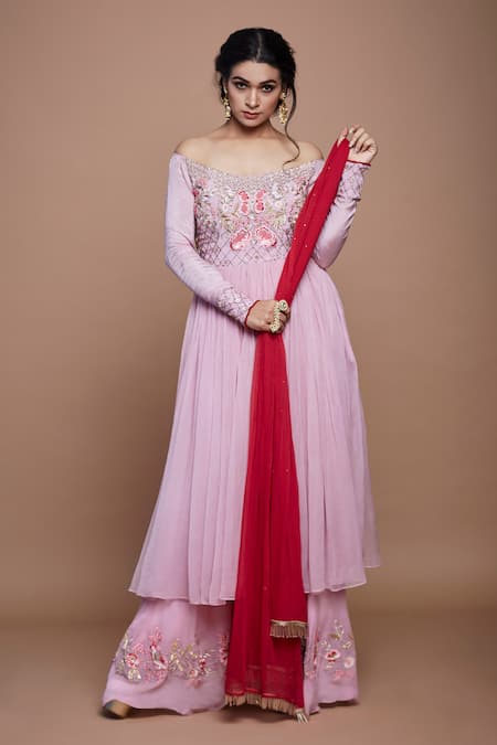 Vyasa By Urvi Pink Chiffon, Crepe Beads, Embroidery Boat Floral Bodice Anarkali Sharara Set Online at Aza Fashions Vyasa By Urvi_Pink Chiffon, Crepe Beads, Embroidery Boat Floral Bodice Anarkali Sharara Set _Online_at_Aza_Fashions