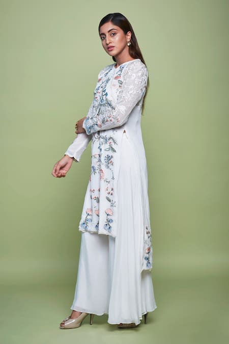 Vyasa By Urvi Ivory Crepe Embroidery Floral Round Neck Sequin Kurta With Sharara Online at Aza Fashions Vyasa By Urvi_Ivory Crepe Embroidery Floral Round Neck Sequin Kurta With Sharara _Online_at_Aza_Fashions