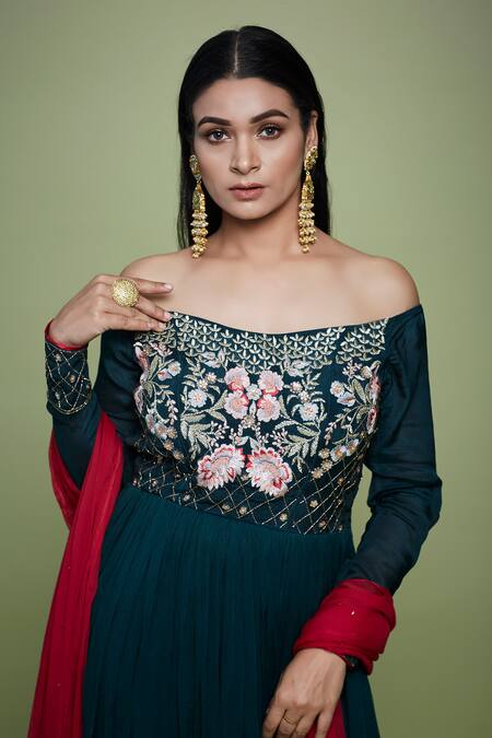 Vyasa By Urvi_Green Chiffon, Crepe Sequins, Floral Bloom Bodice Anarkali Sharara Set _Online_at_Aza_Fashions