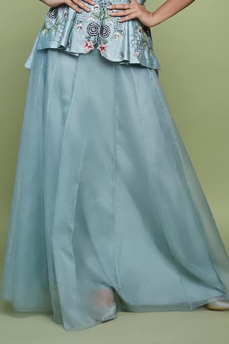 Vyasa By Urvi Green Silk, Organza Embroidery, Beads V-neck Floral Peplum Top With Skirt Online at Aza Fashions Vyasa By Urvi_Green Silk, Organza Embroidery, Beads V-neck Floral Peplum Top With Skirt _Online_at_Aza_Fashions