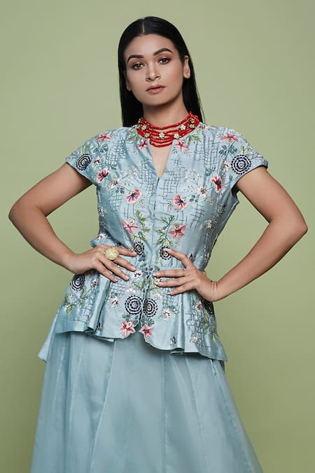 Buy Vyasa By Urvi Green Silk, Organza Embroidery, Beads V-neck Floral Peplum Top With Skirt Online at Aza Fashions Buy_Vyasa By Urvi_Green Silk, Organza Embroidery, Beads V-neck Floral Peplum Top With Skirt _Online_at_Aza_Fashions