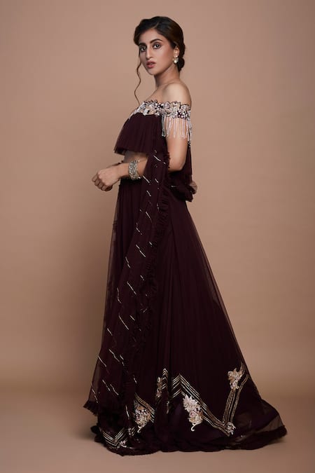 Vyasa By Urvi Floral Embroidered Hem Lehenga & Off Shoulder Top Set 