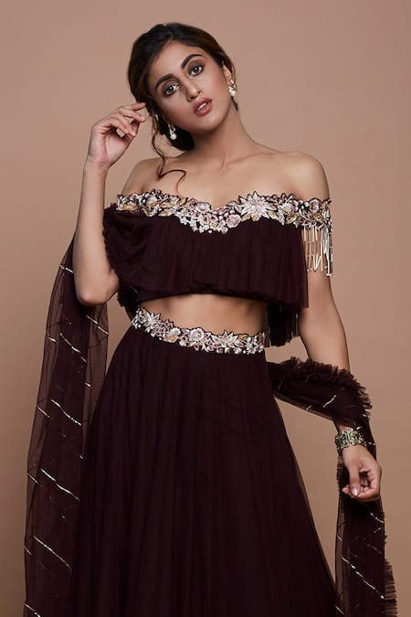 Vyasa By Urvi Wine Net, Crepe Embroidery, Sequins, Floral Hem Lehenga And Off Shoulder Top Set Online at Aza Fashions Vyasa By Urvi_Wine Net, Crepe Embroidery, Sequins, Floral Hem Lehenga And Off Shoulder Top Set _Online_at_Aza_Fashions