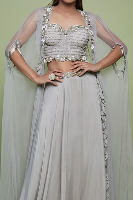 Vyasa By Urvi Gray Net, Crepe Sequins, Beads, Cut Work Embellished Waistband Lehenga Set Online at Aza Fashions Vyasa By Urvi_Gray Net, Crepe Sequins, Beads, Cut Work Embellished Waistband Lehenga Set _Online_at_Aza_Fashions