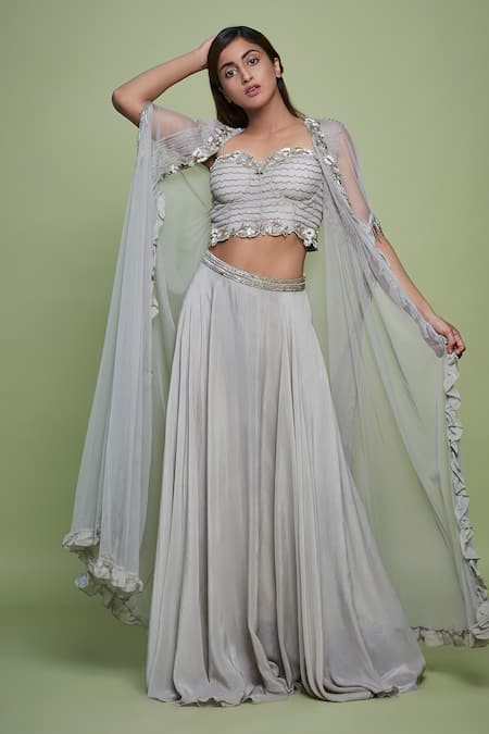 Buy Vyasa By Urvi Gray Net, Crepe Sequins, Beads, Cut Work Embellished Waistband Lehenga Set Online at Aza Fashions Buy_Vyasa By Urvi_Gray Net, Crepe Sequins, Beads, Cut Work Embellished Waistband Lehenga Set _Online_at_Aza_Fashions