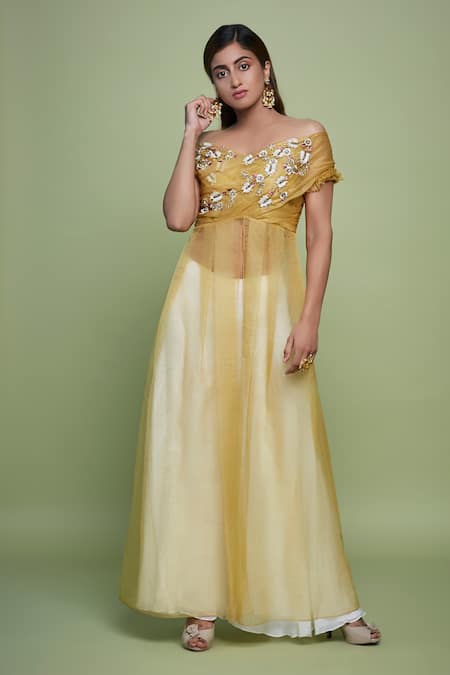 Vyasa by Urvi Yellow Organza Embroidery Floral Straight Neck Bodice Sheer Tunic With Sharara 