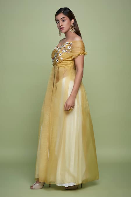 Vyasa By Urvi Yellow Organza, Crepe Sequins, Embroidery Floral Sheer Tunic And Sharara Set Online at Aza Fashions Vyasa By Urvi_Yellow Organza, Crepe Sequins, Embroidery Floral Sheer Tunic And Sharara Set _Online_at_Aza_Fashions