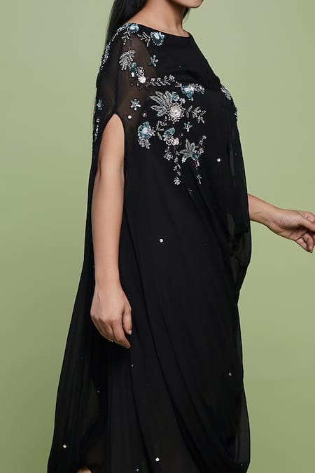 Vyasa By Urvi Black Georgette, Lycra Embroidery, Sequins Boat Neck Floral Cowl Dress Online at Aza Fashions Vyasa By Urvi_Black Georgette, Lycra Embroidery, Sequins Boat Neck Floral Cowl Dress _Online_at_Aza_Fashions