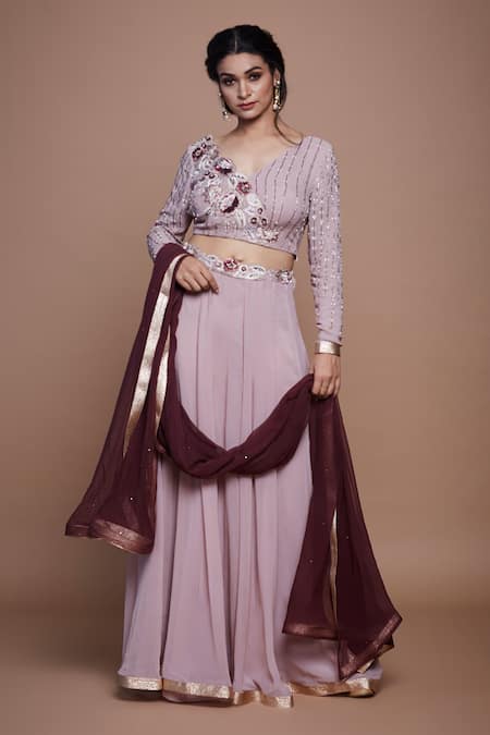 Vyasa by Urvi Purple Georgette Embroidery Floral V Neck Waistband Lehenga Set 