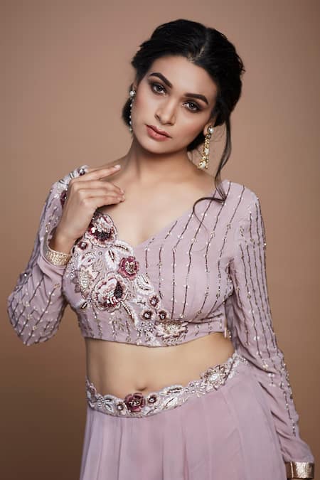 Vyasa By Urvi_Purple Georgette, Crepe Sequins, Embroidery V-neck Floral Waistband Lehenga Set _Online_at_Aza_Fashions