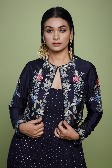 Vyasa By Urvi Blue Silk, Crepe Embroidery, Sequins Round Neck Dot Anarkali With Jacket Online at Aza Fashions Vyasa By Urvi_Blue Silk, Crepe Embroidery, Sequins Round Neck Dot Anarkali With Jacket _Online_at_Aza_Fashions
