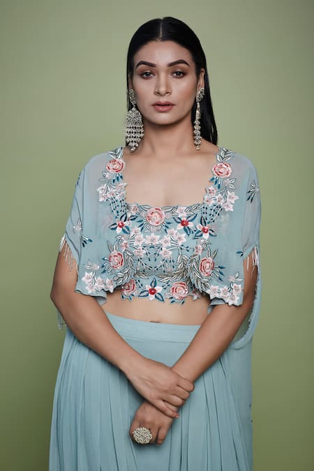 Vyasa By Urvi Green Viscose, Georgette Embroidery, Sequins Floral Cape And Drape Skirt Set Online at Aza Fashions Vyasa By Urvi_Green Viscose, Georgette Embroidery, Sequins Floral Cape And Drape Skirt Set _Online_at_Aza_Fashions
