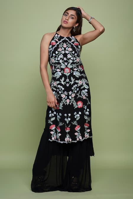 Vyasa by Urvi Black Georgette Embroidery Floral Round Neck Bloom Tunic With Sharara
