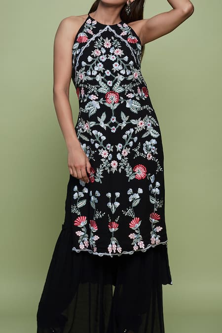 Buy_Vyasa By Urvi_Black Georgette, Crepe Embroidery, Sequins Floral Bloom Tunic With Sharara _Online_at_Aza_Fashions