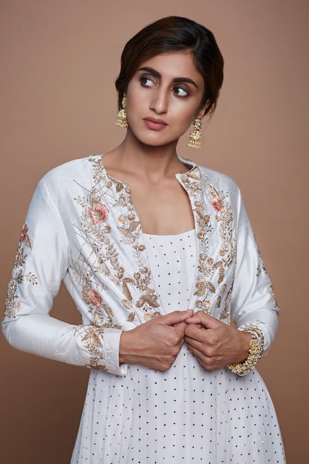 Vyasa By Urvi Ivory Silk, Crepe Embroidery, Sequins Round Dot Anarkali With Floral Jacket Online at Aza Fashions Vyasa By Urvi_Ivory Silk, Crepe Embroidery, Sequins Round Dot Anarkali With Floral Jacket _Online_at_Aza_Fashions