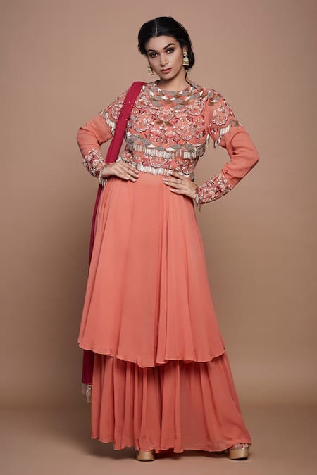 Vyasa by Urvi Orange Georgette Embroidery Floral Round Neck Scallop And Anarkali & Gharara Set 