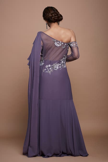 Shop_Vyasa By Urvi_Purple Georgette, Crepe Floral Embroidered Saree Gown _at_Aza_Fashions