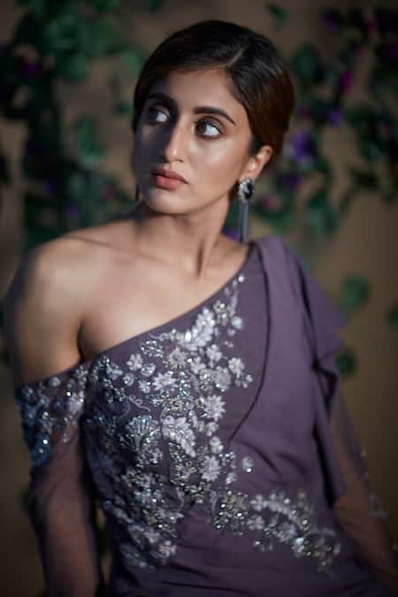 Vyasa By Urvi_Purple Georgette, Crepe Floral Embroidered Saree Gown _Online_at_Aza_Fashions