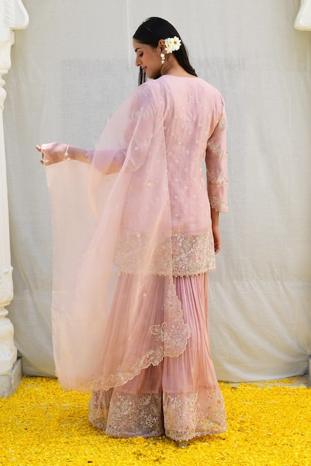 Shop_Label Niti Bothra_Pink Silk, Organza Sequins, Pearls, Lace, Applique Banaras Kurta Pant Set _at_Aza_Fashions