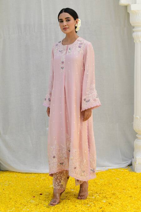 Label Niti Bothra_Pink Silk, Organza Sequins, Pearls, Lace, Applique Banaras Kurta Pant Set _Online_at_Aza_Fashions