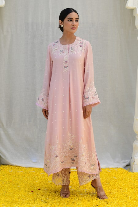 Buy_Label Niti Bothra_Pink Silk, Organza Sequins, Pearls, Lace, Applique Banaras Kurta Pant Set _Online_at_Aza_Fashions