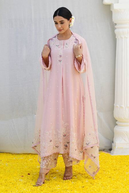 Shop_Label Niti Bothra_Pink Silk, Organza Sequins, Pearls, Lace, Applique Banaras Kurta Pant Set _Online_at_Aza_Fashions