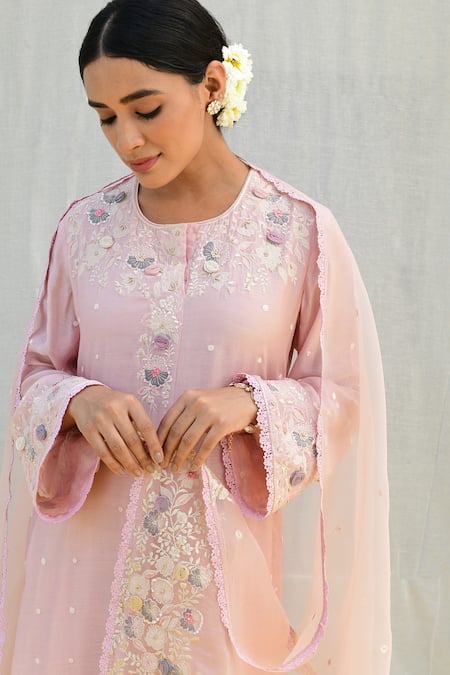 Label Niti Bothra_Pink Silk, Organza Sequins, Pearls, Lace, Applique Banaras Kurta Pant Set _at_Aza_Fashions