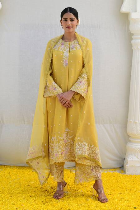 Buy_Label Niti Bothra_Yellow Silk, Chiffon Sequins, Pearls, Applique, Banaras Kurta Farshi Pant Set _Online_at_Aza_Fashions