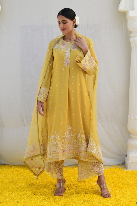 Shop_Label Niti Bothra_Yellow Silk, Chiffon Sequins, Pearls, Applique, Banaras Kurta Farshi Pant Set _Online_at_Aza_Fashions
