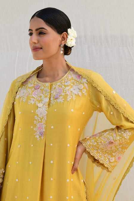 Label Niti Bothra_Yellow Silk, Chiffon Sequins, Pearls, Applique, Banaras Kurta Farshi Pant Set _at_Aza_Fashions
