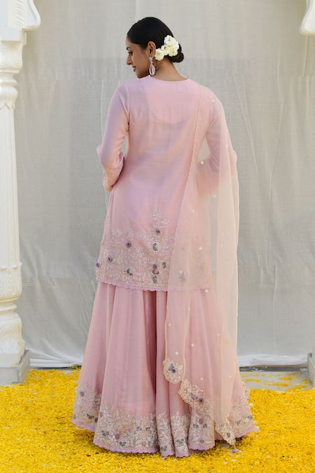 Shop_Label Niti Bothra_Pink Silk, Brocade, Georgette Sequins, Banaras Resham Kurta Sharara Set _at_Aza_Fashions