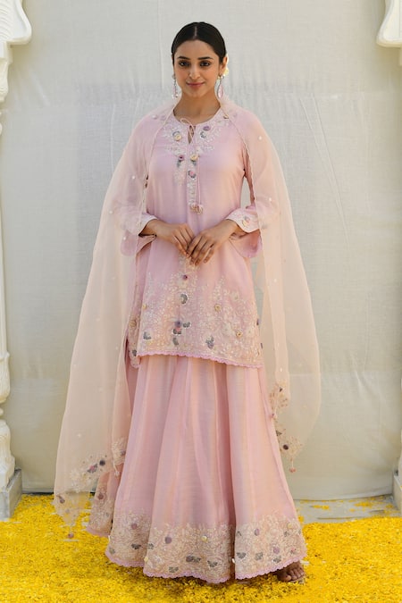 Label Niti Bothra_Pink Silk, Brocade, Georgette Sequins, Banaras Resham Kurta Sharara Set _Online_at_Aza_Fashions