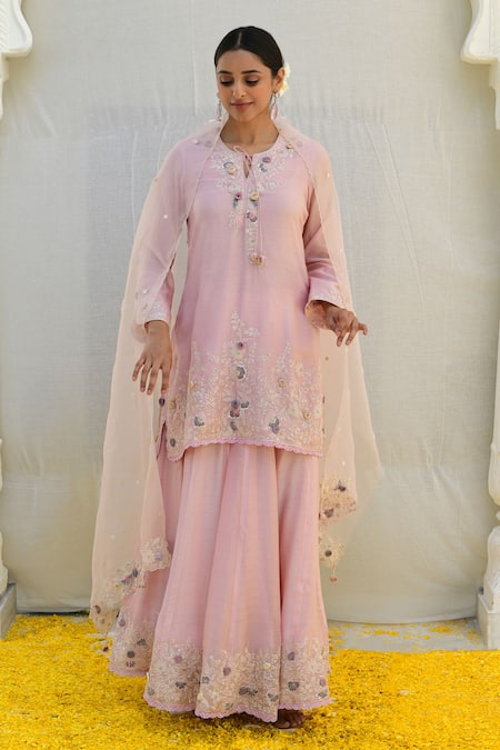Buy_Label Niti Bothra_Pink Silk, Brocade, Georgette Sequins, Banaras Resham Kurta Sharara Set _Online_at_Aza_Fashions