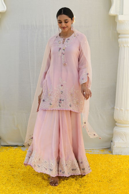 Shop_Label Niti Bothra_Pink Silk, Brocade, Georgette Sequins, Banaras Resham Kurta Sharara Set _Online_at_Aza_Fashions
