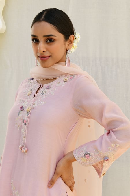 Label Niti Bothra_Pink Silk, Brocade, Georgette Sequins, Banaras Resham Kurta Sharara Set _at_Aza_Fashions