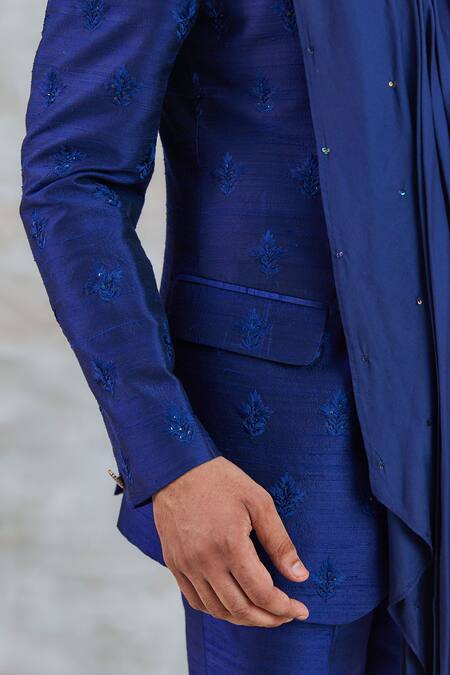 Buy_Studio Bagechaa_Blue Silk Embroidery Floral Resham Bandhgala Set_Online_at_Aza_Fashions