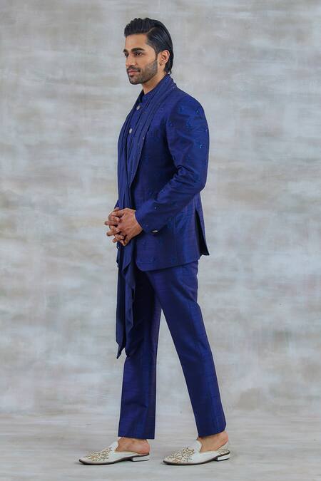 Shop_Studio Bagechaa_Blue Silk Embroidery Floral Resham Bandhgala Set_Online_at_Aza_Fashions