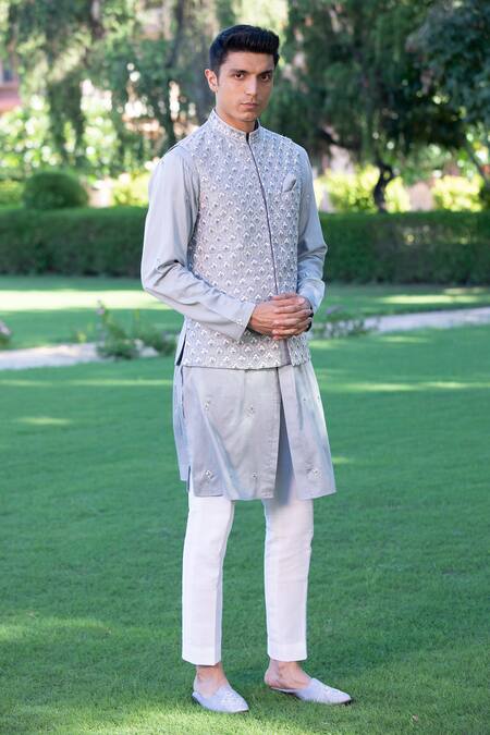 Studio Bagechaa Grey Russian Silk Embroidered Thread Nehru Jacket And Kurta Set