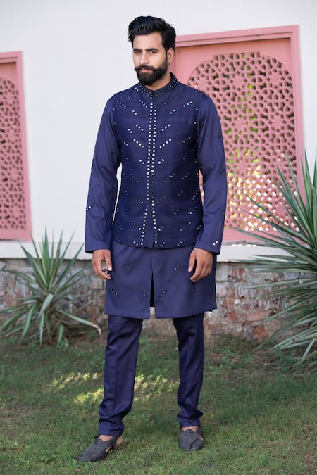 Buy online Blue Solid Kurta Pyjama Set With Blue Jacquard Nehru Jacket from  Clothing for Men by Namaskar for ₹2199 at 64% off | 2024 Limeroad.com