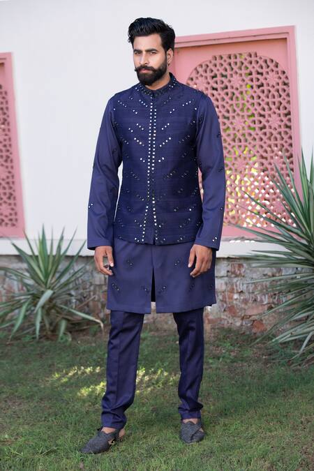 Studio Bagechaa_Blue Handloom Cotton, Silk Mirrors Embroidered Nehru Jacket Set_Online_at_Aza_Fashions