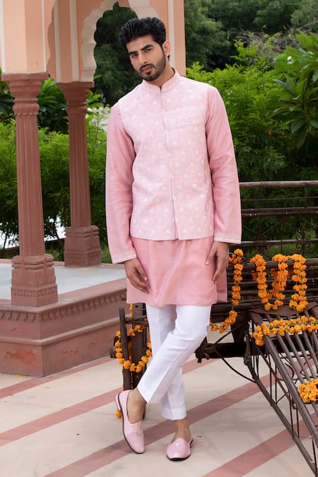 Luxurious Men Silk Pink Kurta Pajama with Nehru Jacket – Archittam Fashion