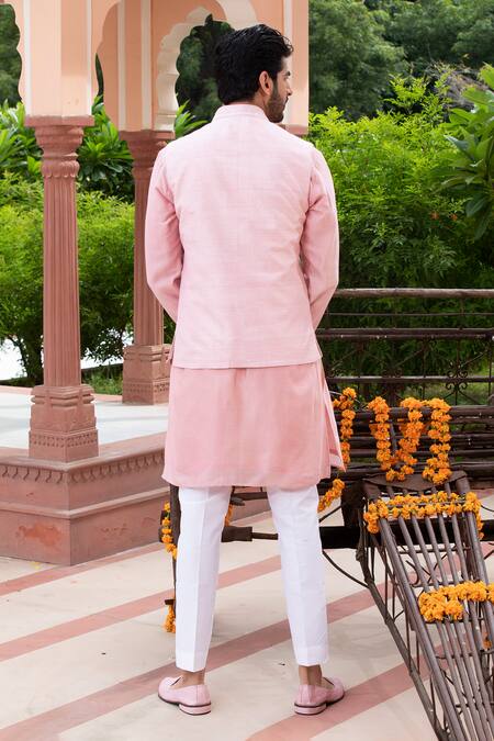 Shop Studio Bagechaa Pink Chanderi, Handloom Cotton Embroidery Nehru Jacket And Kurta Set at Aza Fashions Shop_Studio Bagechaa_Pink Chanderi, Handloom Cotton Embroidery Nehru Jacket And Kurta Set_at_Aza_Fashions