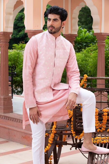 Studio Bagechaa Pink Chanderi, Handloom Cotton Embroidery Nehru Jacket And Kurta Set Online at Aza Fashions Studio Bagechaa_Pink Chanderi, Handloom Cotton Embroidery Nehru Jacket And Kurta Set_Online_at_Aza_Fashions