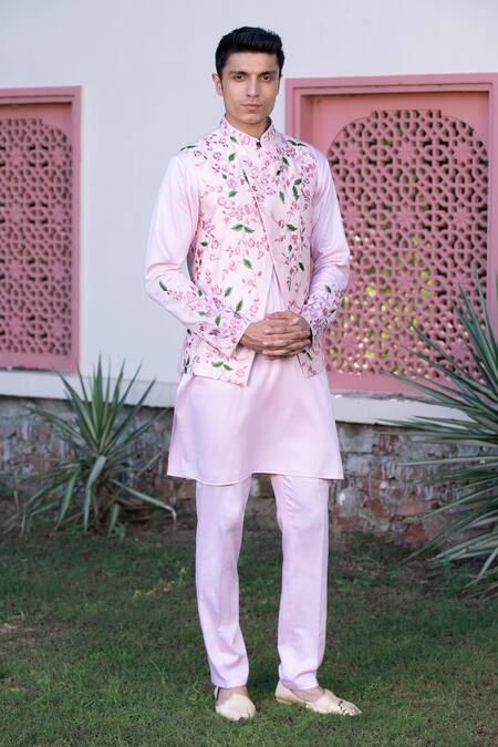 Studio Bagechaa_Pink Silk Embroidery Nehru Jacket And Kurta Set_Online_at_Aza_Fashions